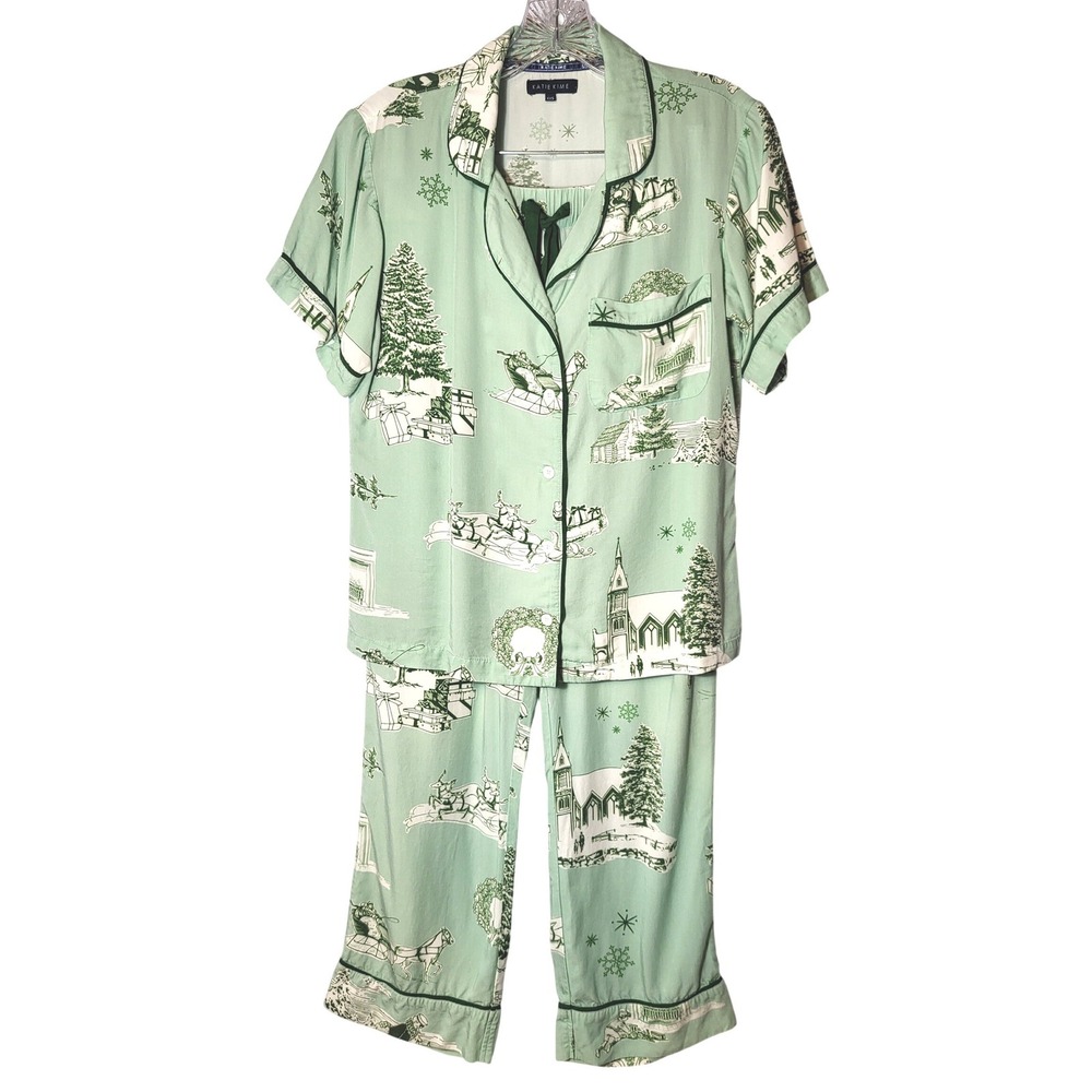 Katie Kime Womens Christmas Toile Pajama Set Mint Green Short Sleeve XXS Holiday